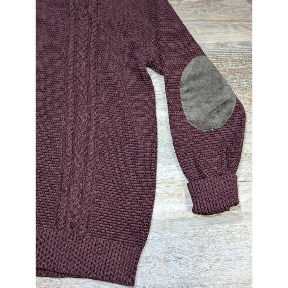 Raffi Burgundy Cable Knit Quarter Zip Sweater Mens Size XL Suede Elbow Patches - Picture 6 of 13